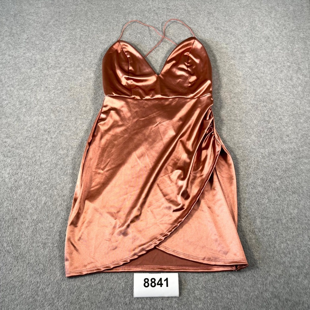 Windsor Mini Dress Womens Large Rose Gold Stretch Satin Asymmetric Wrap Hem
